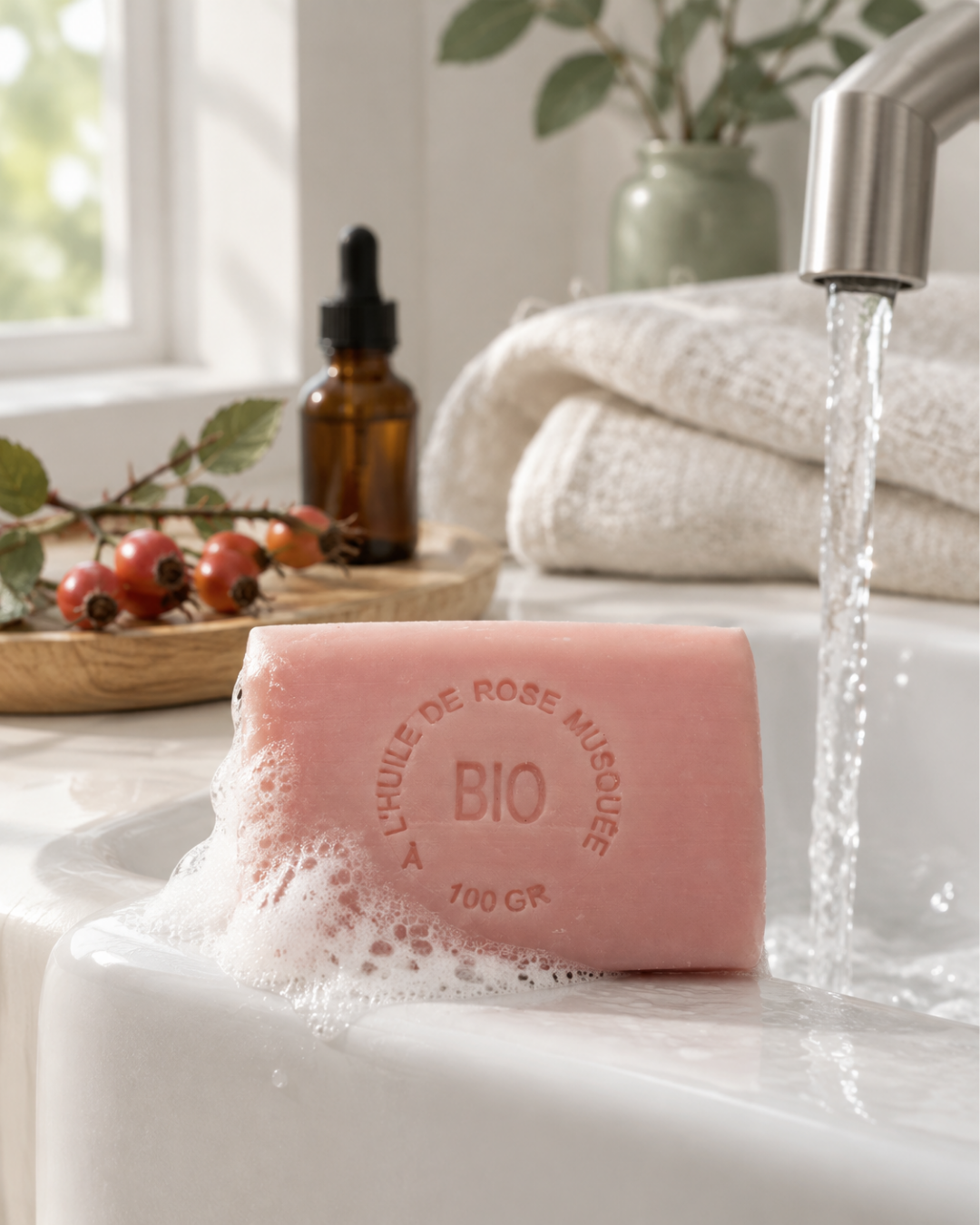 Savon à l’huile de rose musquée avec de la mousse sur un lavabo blanc, plateau en bois avec des cynorrhodons et un flacon ambré
