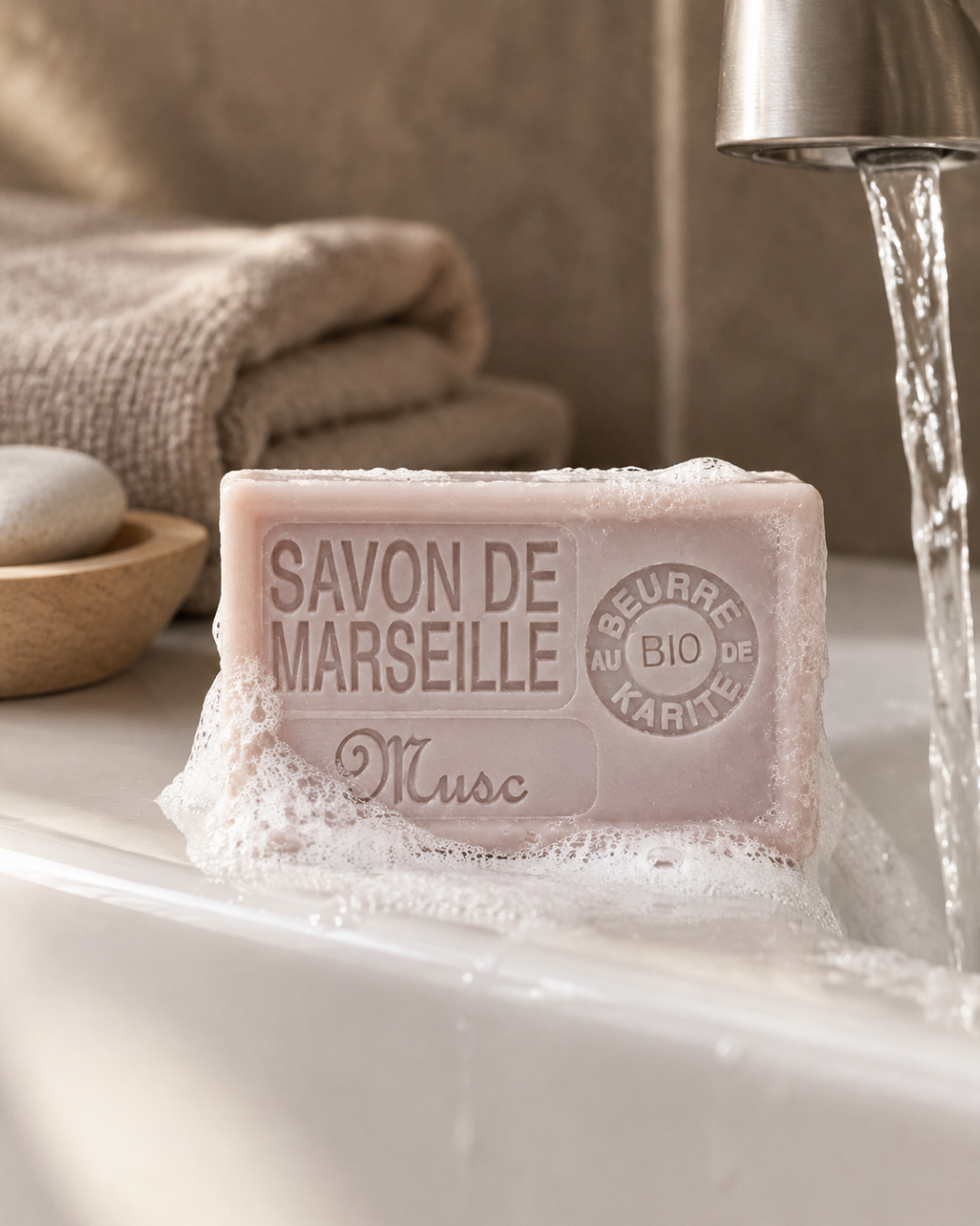 Savon de Marseille musc avec de la mousse sur un lavabo, serviette beige et plateau en bois, robinet ouvert