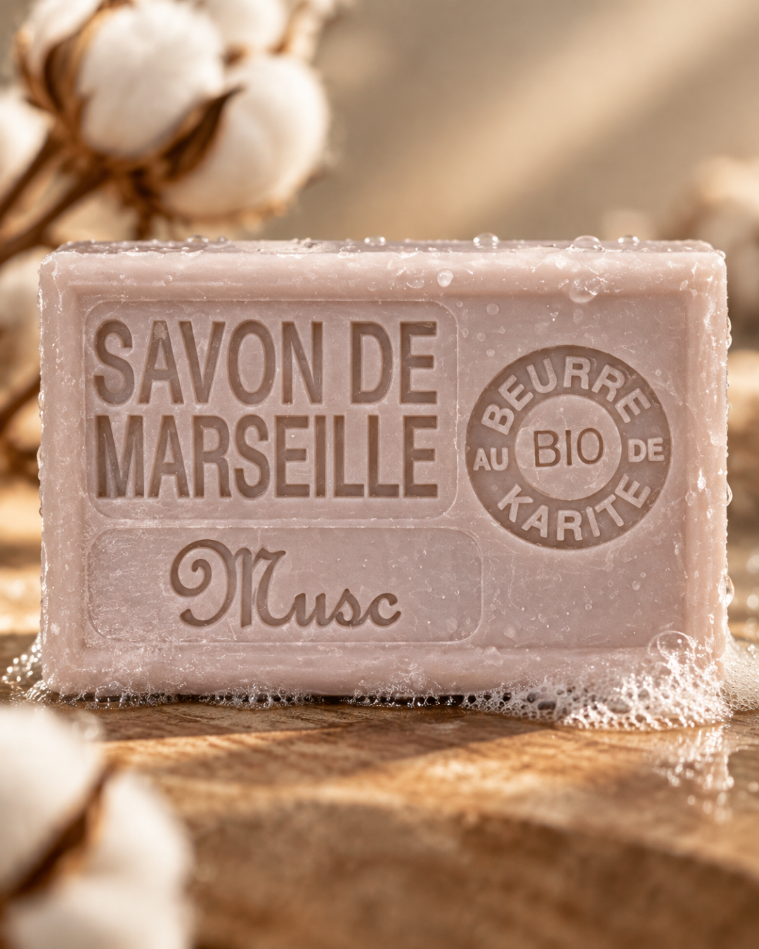 Gros plan d’un savon de Marseille musc avec mousse et gouttelettes, capsules de coton floues en arrière-plan