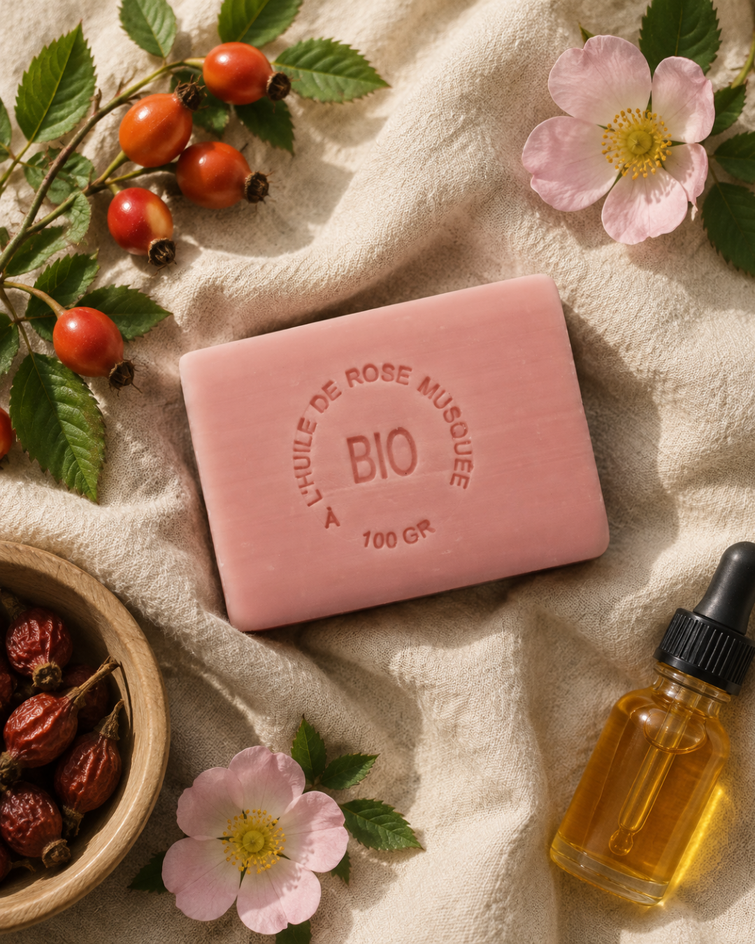Savon à l’huile de rose musquée sur un lin ivoire, avec des cynorrhodons, des roses sauvages et un flacon en verre ambré